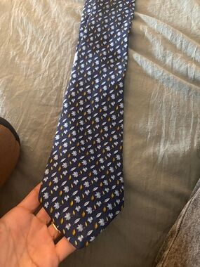 Salvatore Ferragamo Navy Floral Silk Tie with White and Yellow Motif